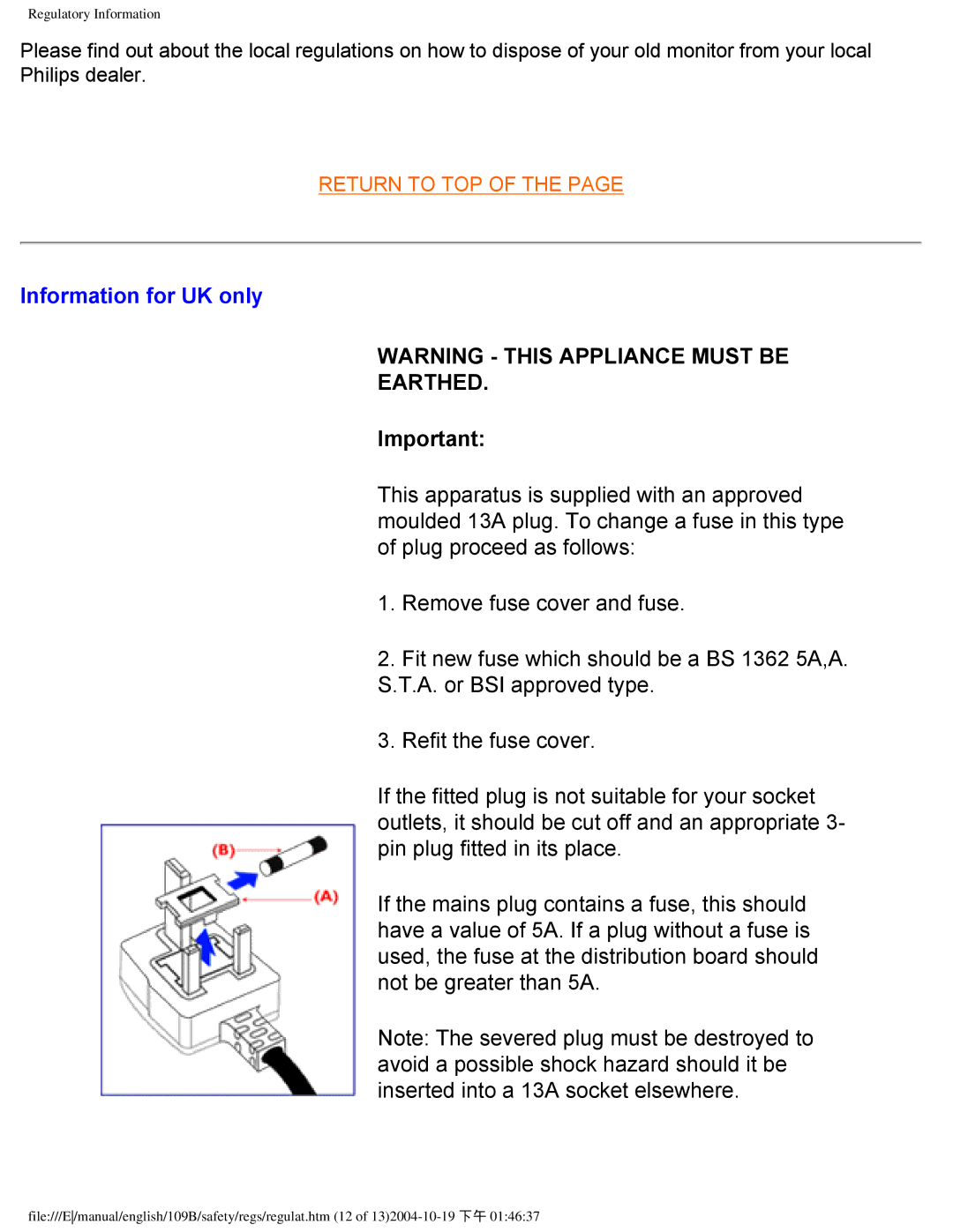 Philips 109B user manual Information for UK only, Earthed 