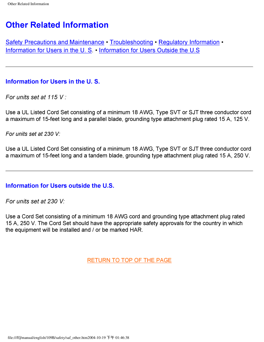 Philips 109B Other Related Information, Information for Users in the U. S, For units set at 115, For units set at 230 