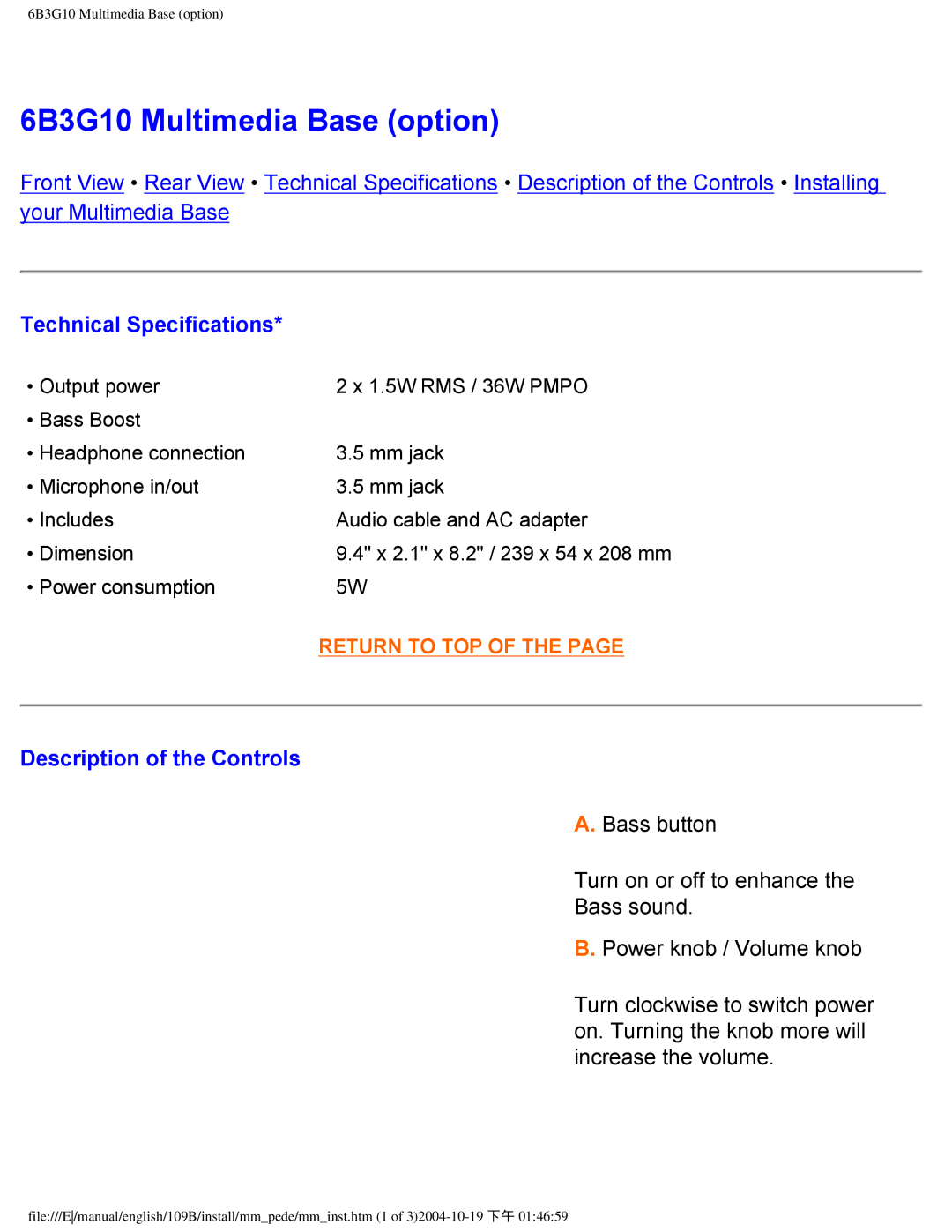 Philips 109B user manual 6B3G10 Multimedia Base option, Description of the Controls 