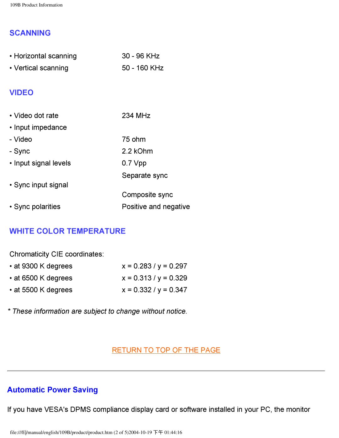 Philips 109B user manual Video, Automatic Power Saving 