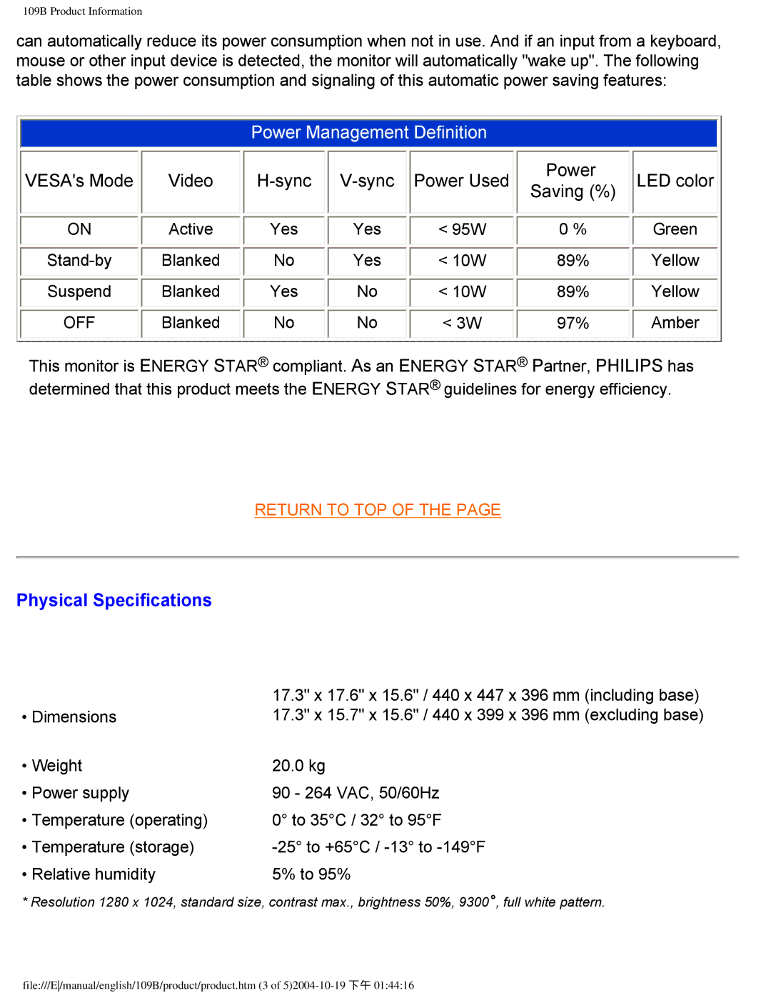 Philips 109B user manual Power Management Definition, Physical Specifications 