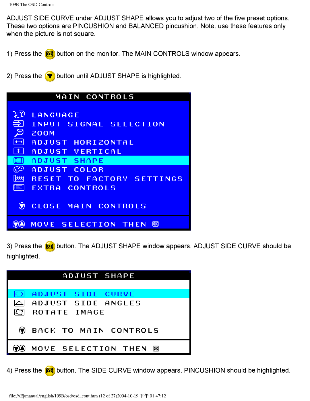 Philips user manual 109B The OSD Controls 