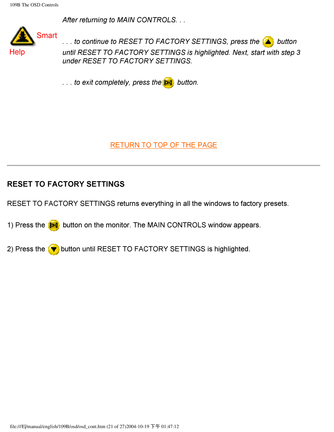 Philips 109B user manual Reset to Factory Settings 