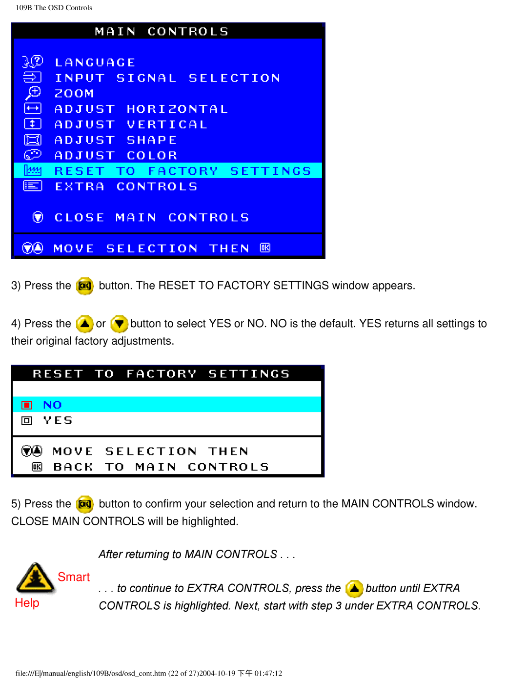 Philips 109B user manual To continue to Extra CONTROLS, press Button until Extra 