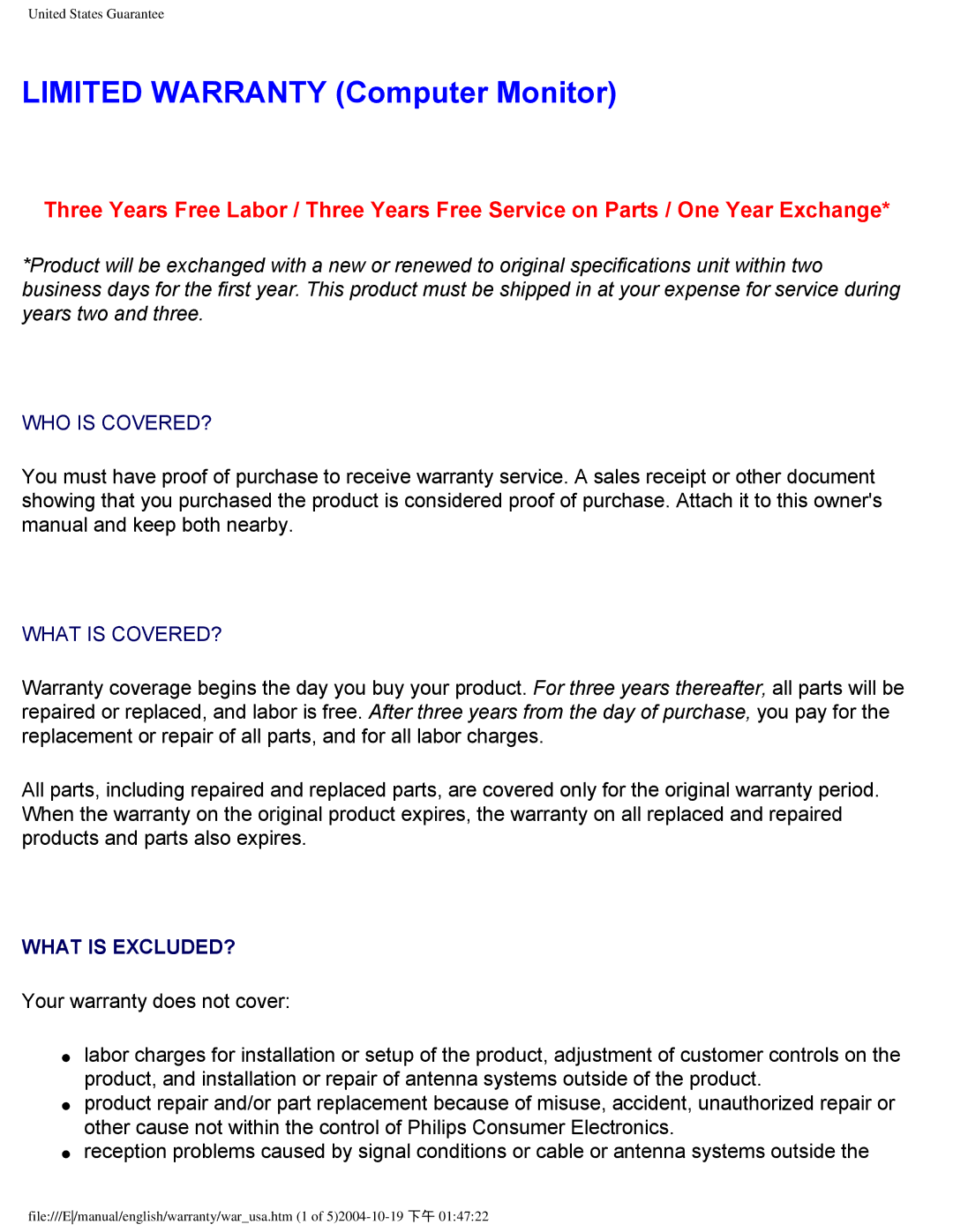 Philips 109B user manual Limited Warranty Computer Monitor, WHO is COVERED? What is COVERED? 