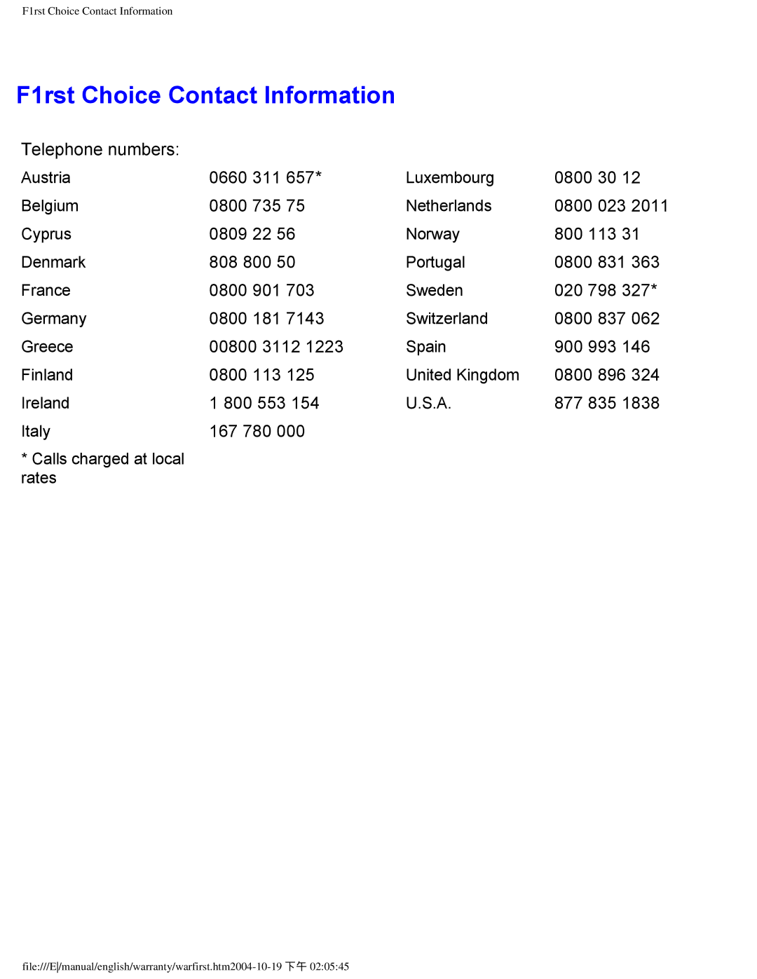 Philips 109B user manual F1rst Choice Contact Information, 167 780 