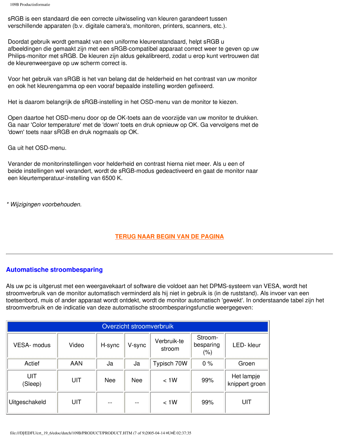 Philips 109B user manual Automatische stroombesparing 