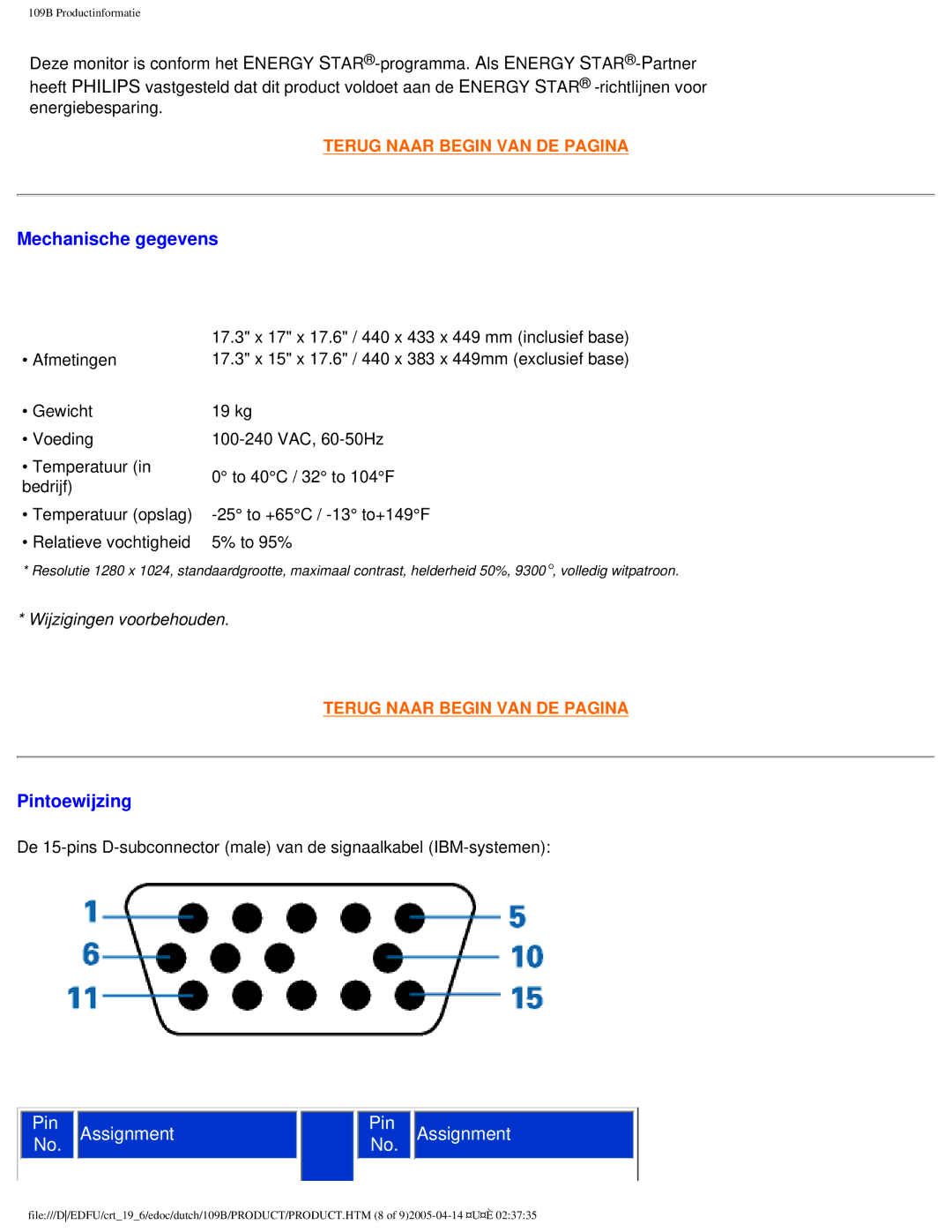 Philips 109B user manual Mechanische gegevens 