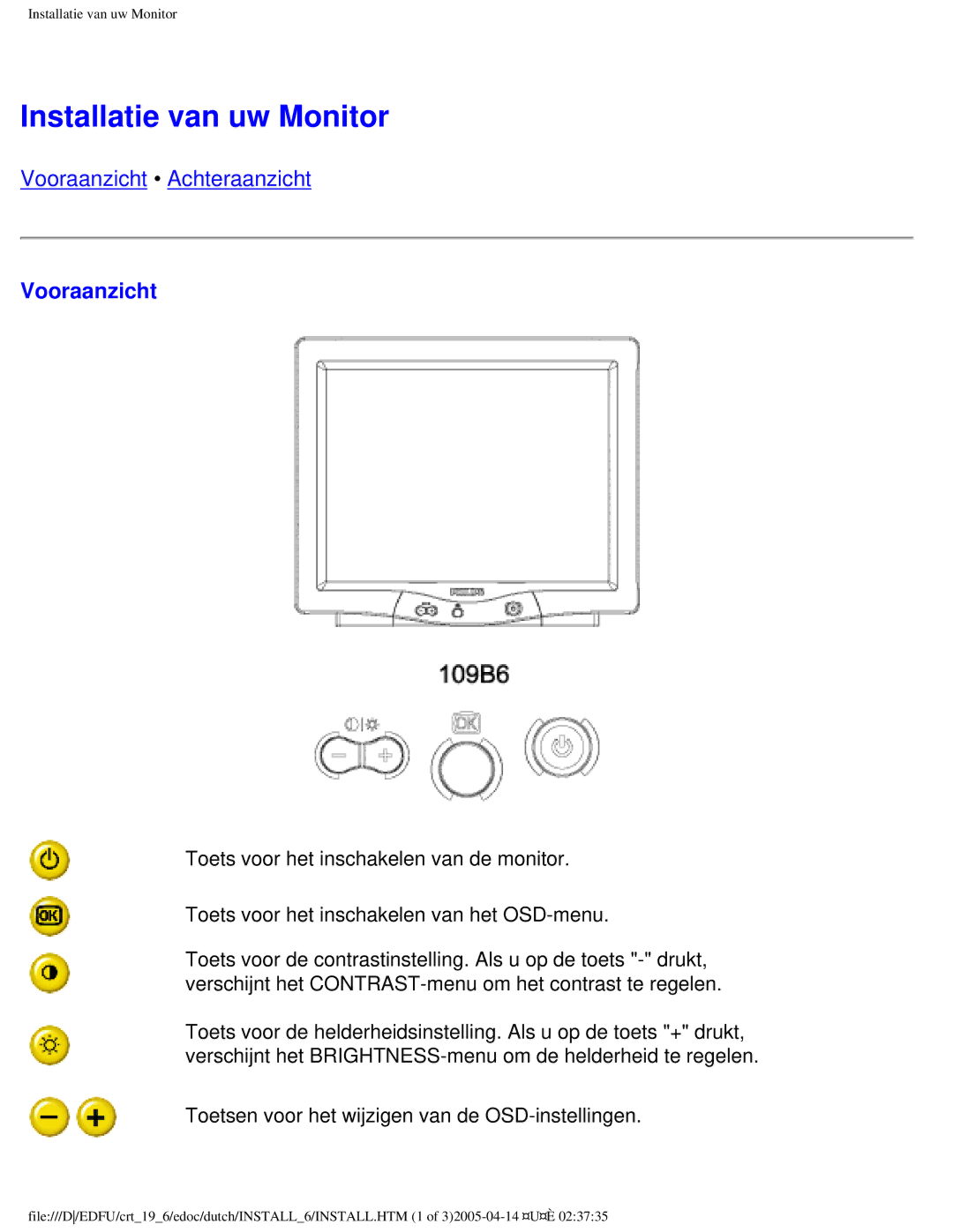 Philips 109B user manual Installatie van uw Monitor, Vooraanzicht 