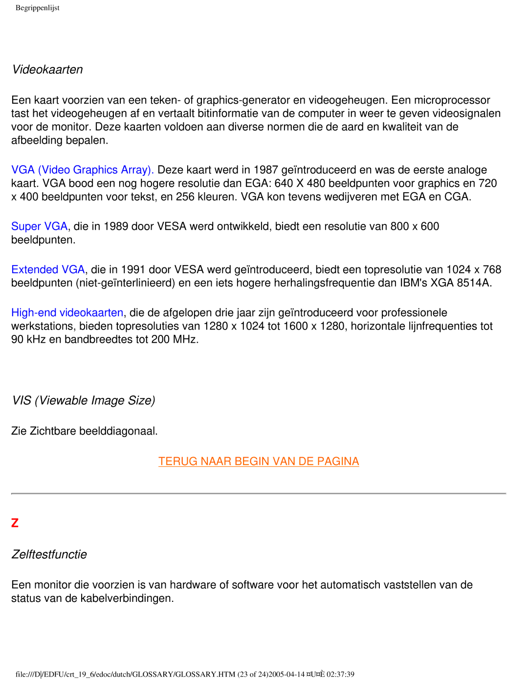 Philips 109B user manual Videokaarten, VIS Viewable Image Size, Zelftestfunctie 