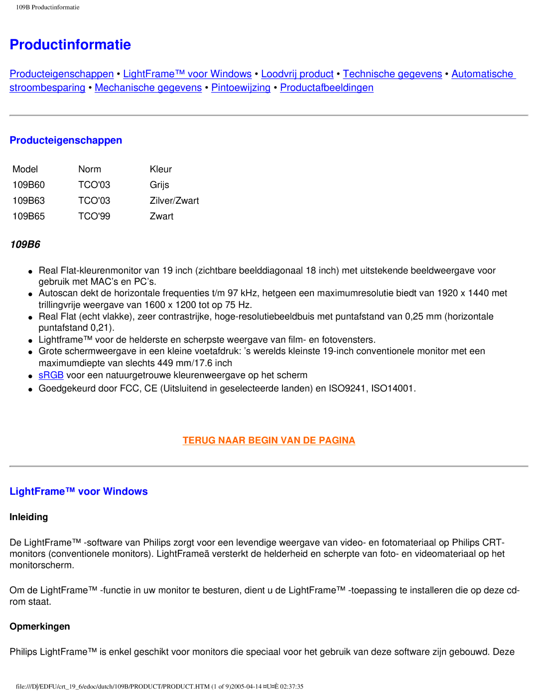 Philips 109B user manual Productinformatie 