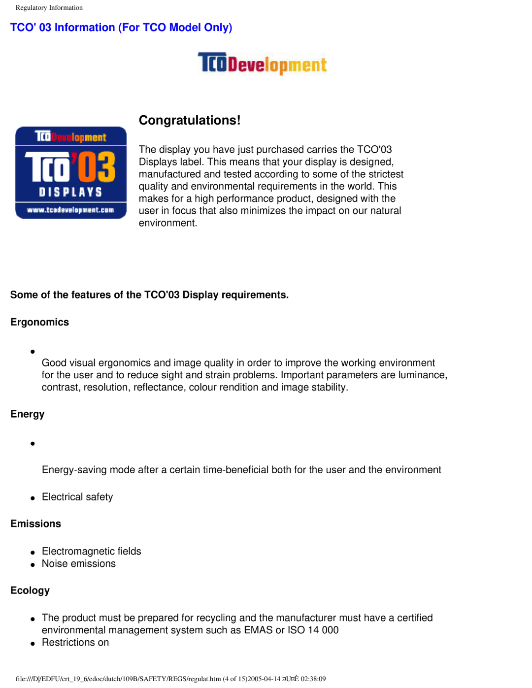 Philips 109B user manual Congratulations, TCO 03 Information For TCO Model Only 