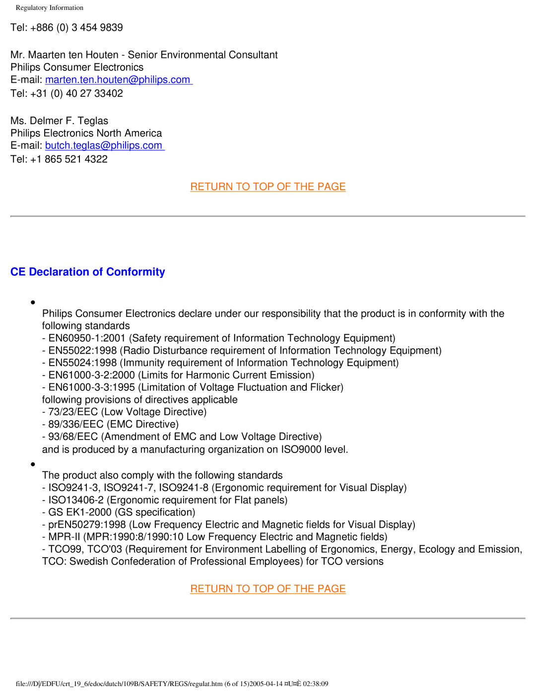 Philips 109B user manual CE Declaration of Conformity 