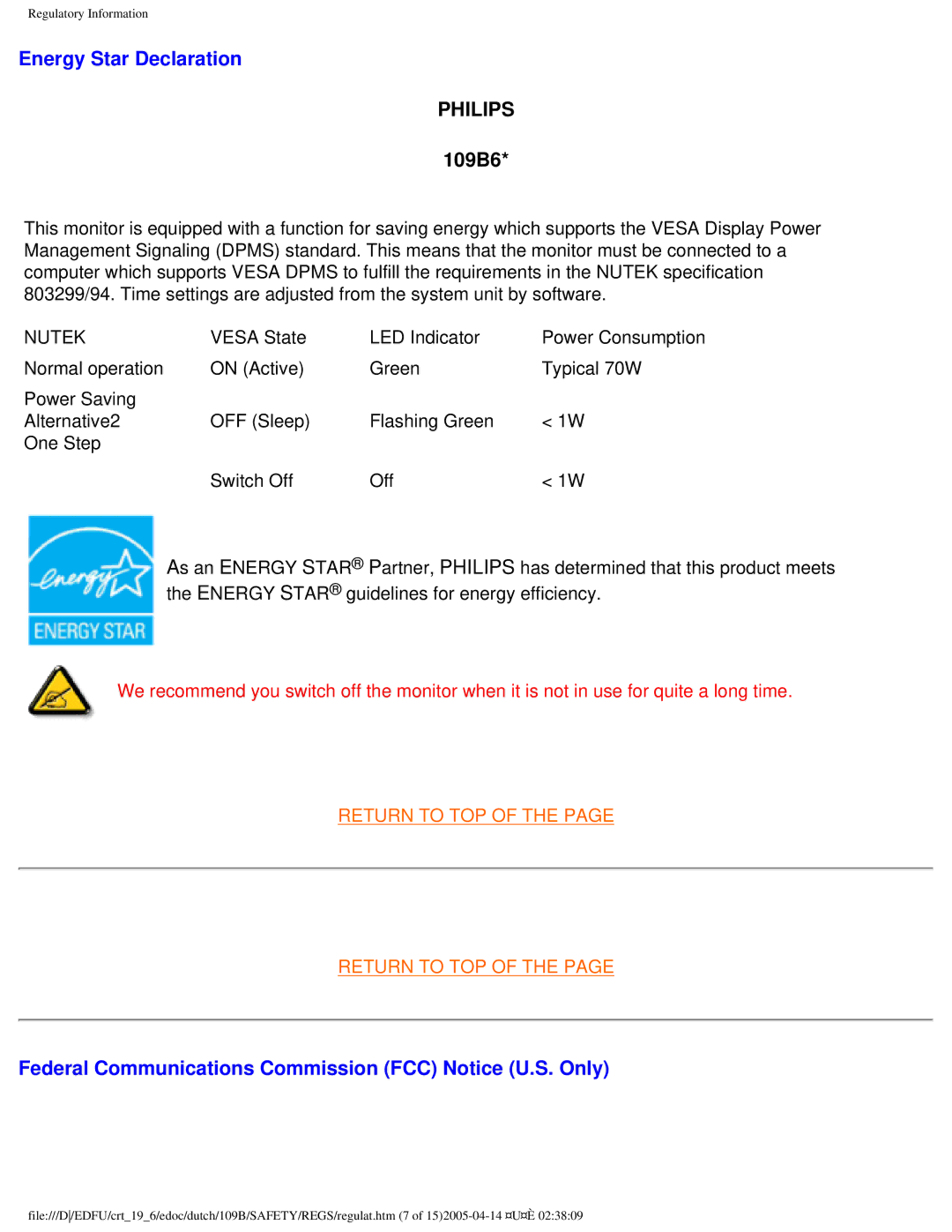 Philips user manual Energy Star Declaration, 109B6, Federal Communications Commission FCC Notice U.S. Only 