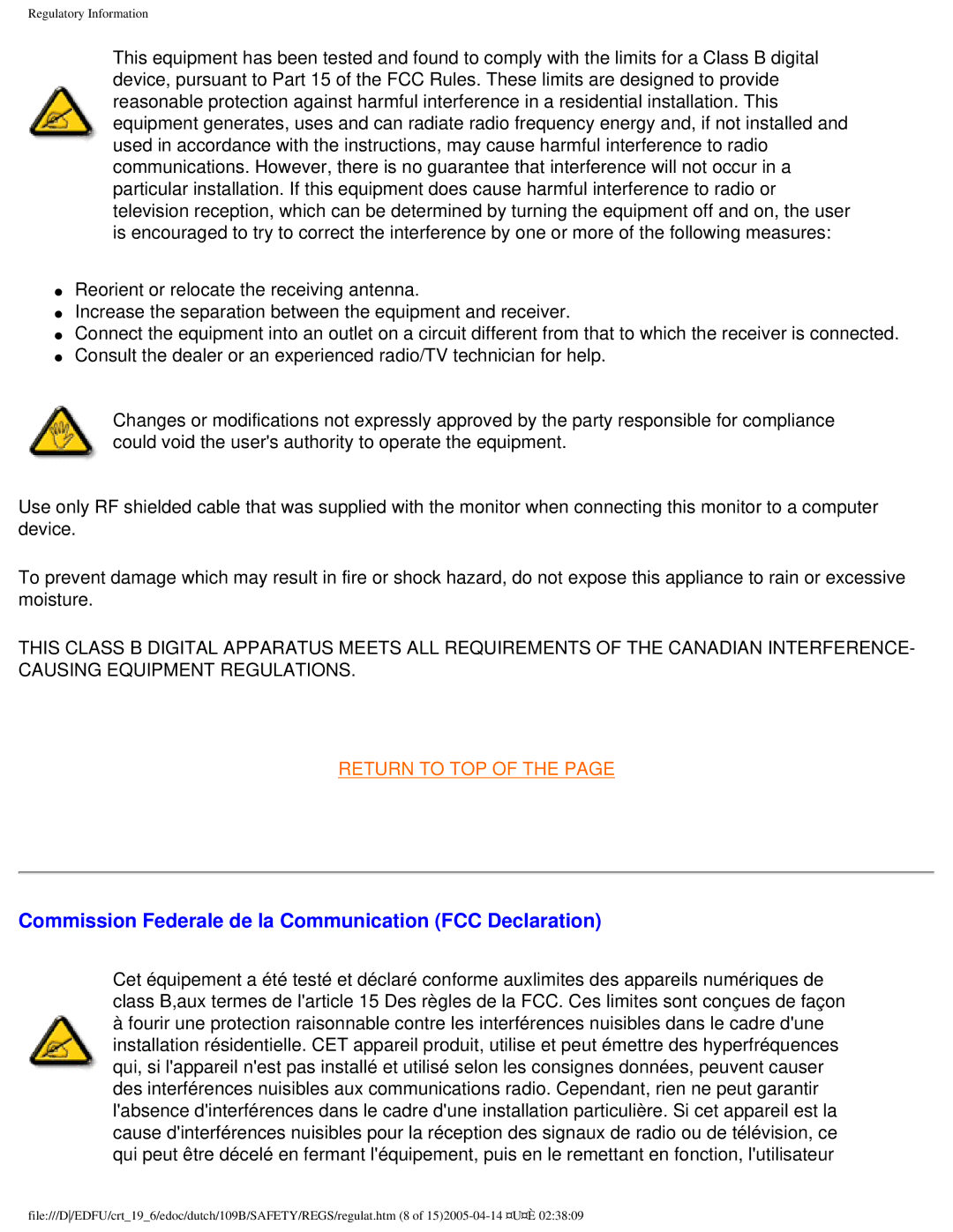 Philips 109B user manual Commission Federale de la Communication FCC Declaration 