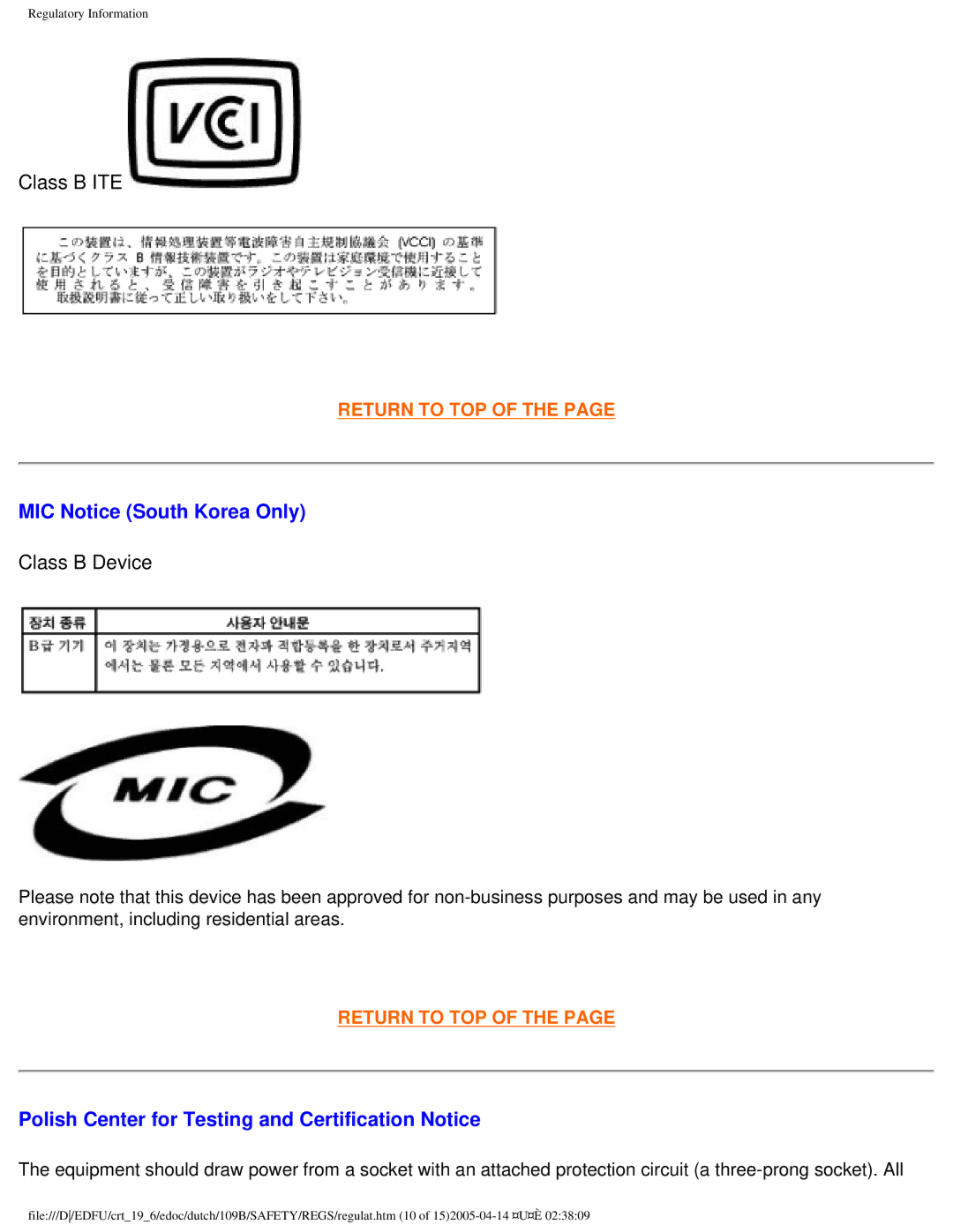 Philips 109B user manual MIC Notice South Korea Only, Polish Center for Testing and Certification Notice 