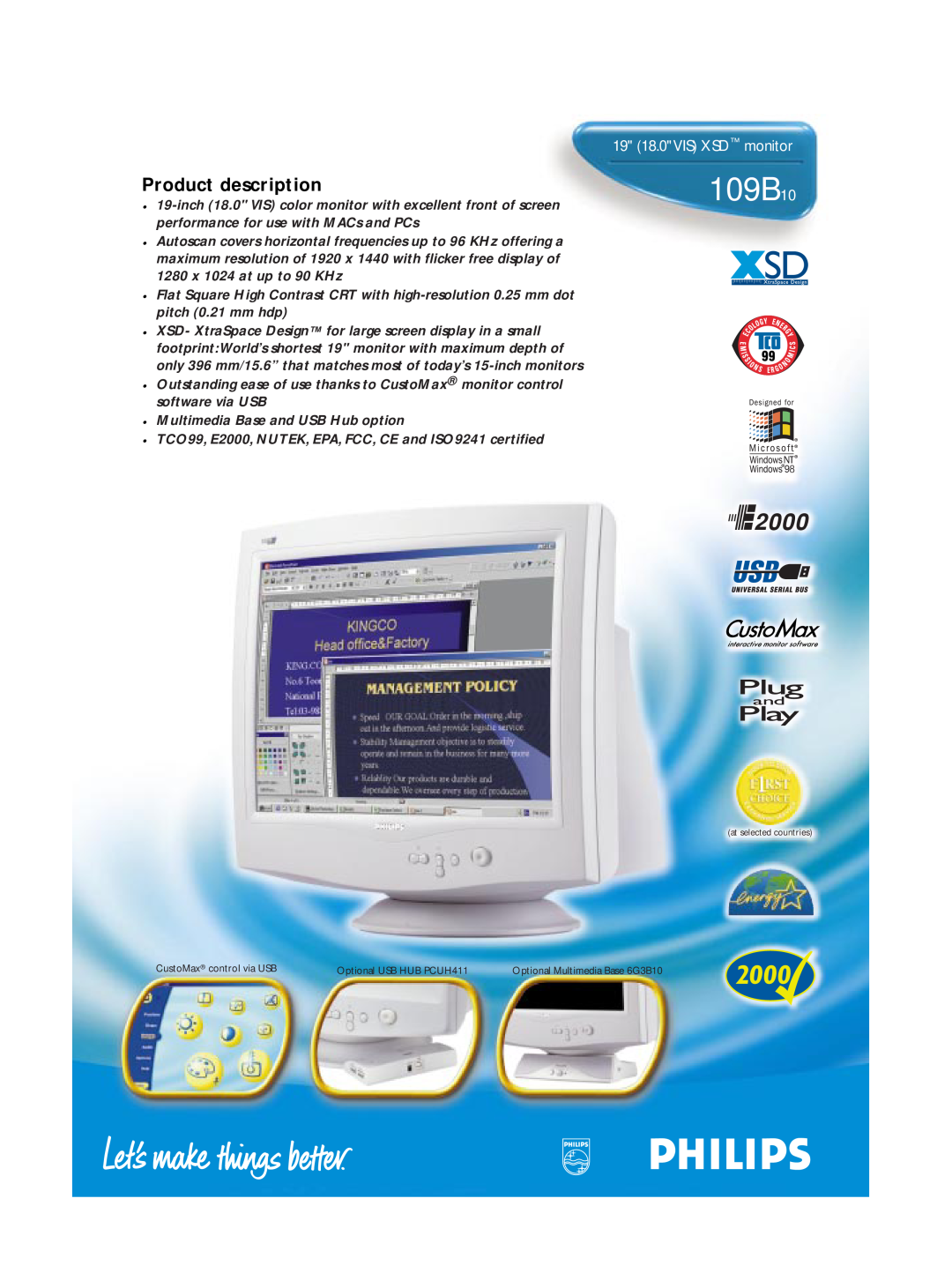 Philips 109B10 manual Product description, 19 18.0VIS XSD monitor 