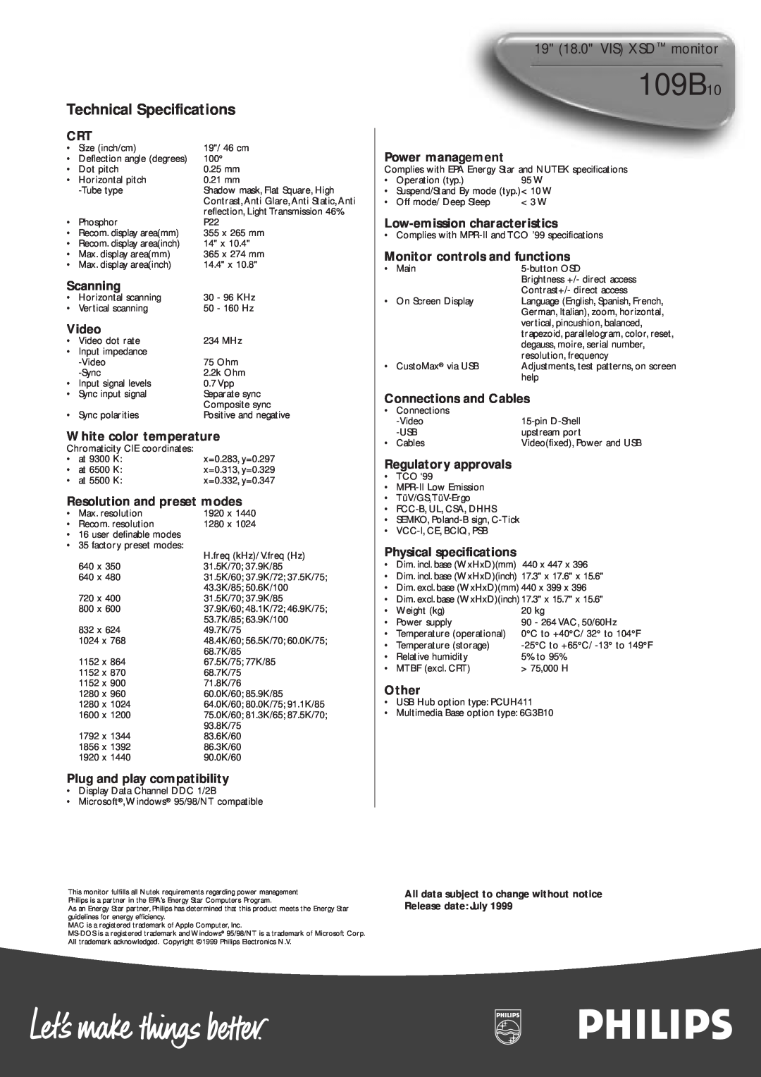 Philips 109B10 manual Technical Specifications, 19 18.0 VIS XSD monitor 