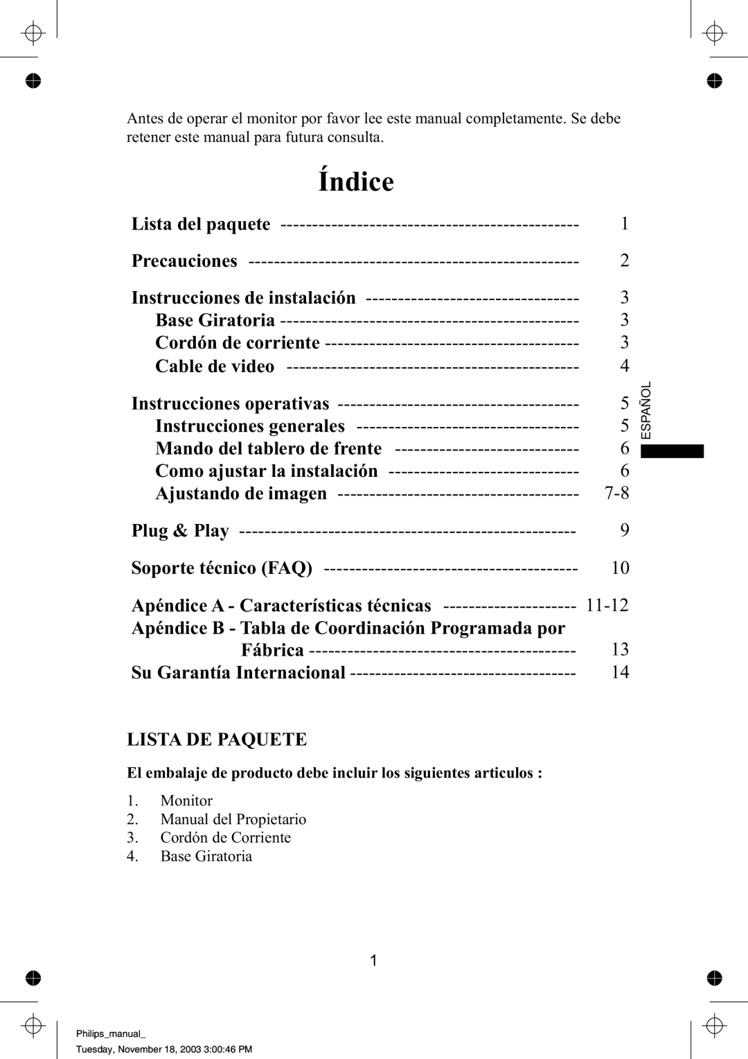 Philips 109B61 manual Índice, Apéndice A - Características técnicas, Apéndice B - Tabla de Coordinación Programada por 