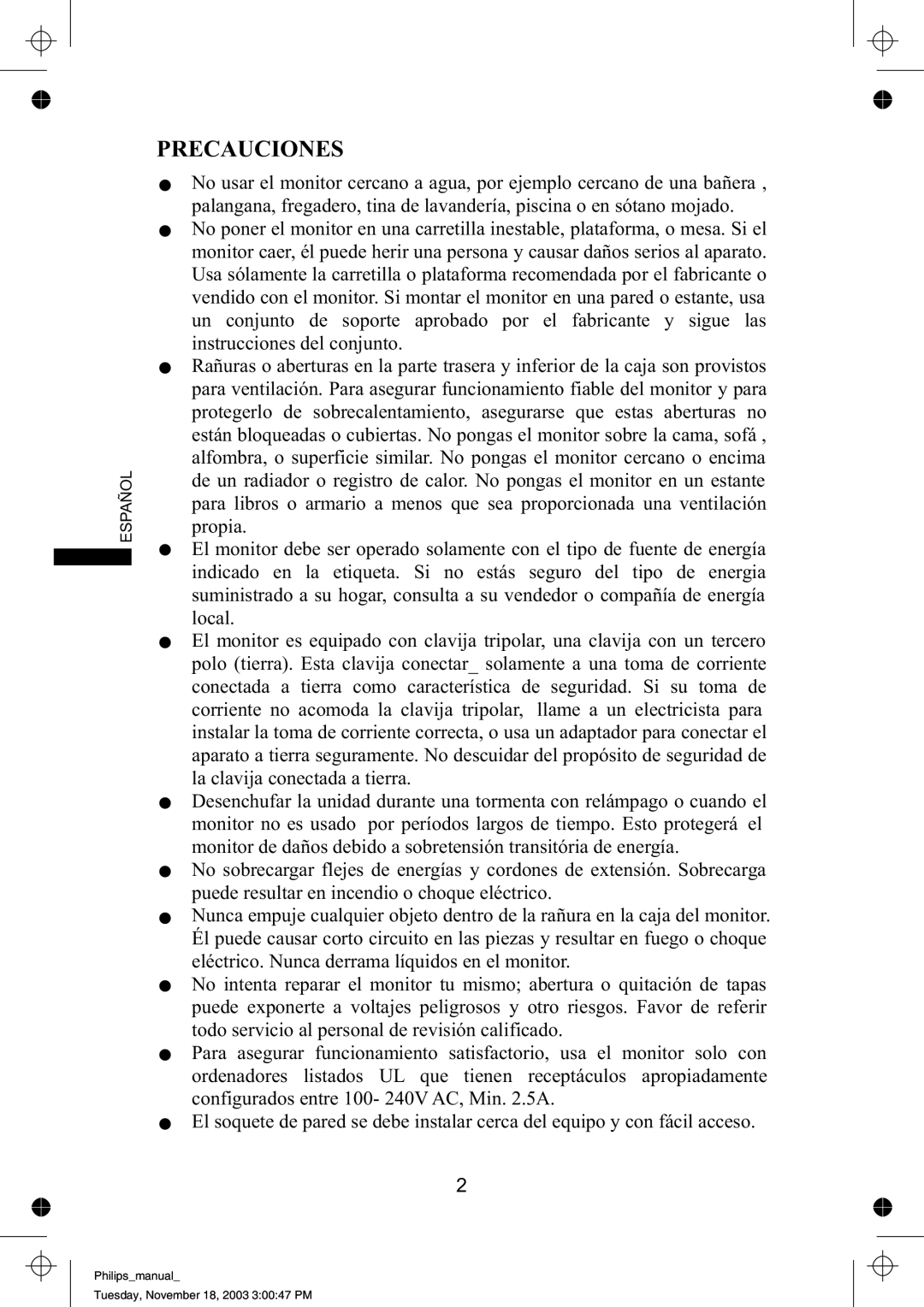 Philips 109B61 manual Precauciones, Español 