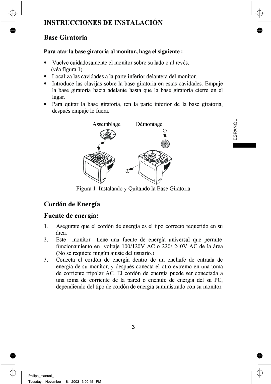 Philips 109B61 manual INSTRUCCIONES DE INSTALACIÓN Base Giratoria, Cordón de Energía Fuente de energía 