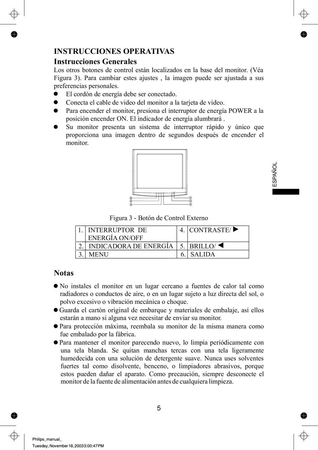 Philips 109B61 manual INSTRUCCIONES OPERATIVAS Instrucciones Generales, Notas 