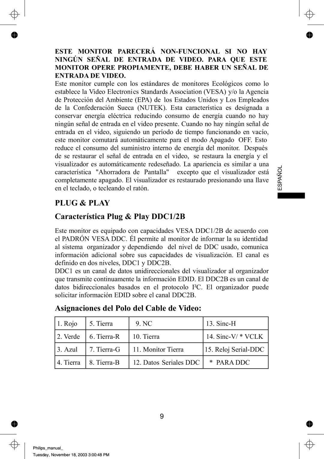 Philips 109B61 manual PLUG & PLAY Característica Plug & Play DDC1/2B, Asignaciones del Polo del Cable de Video 