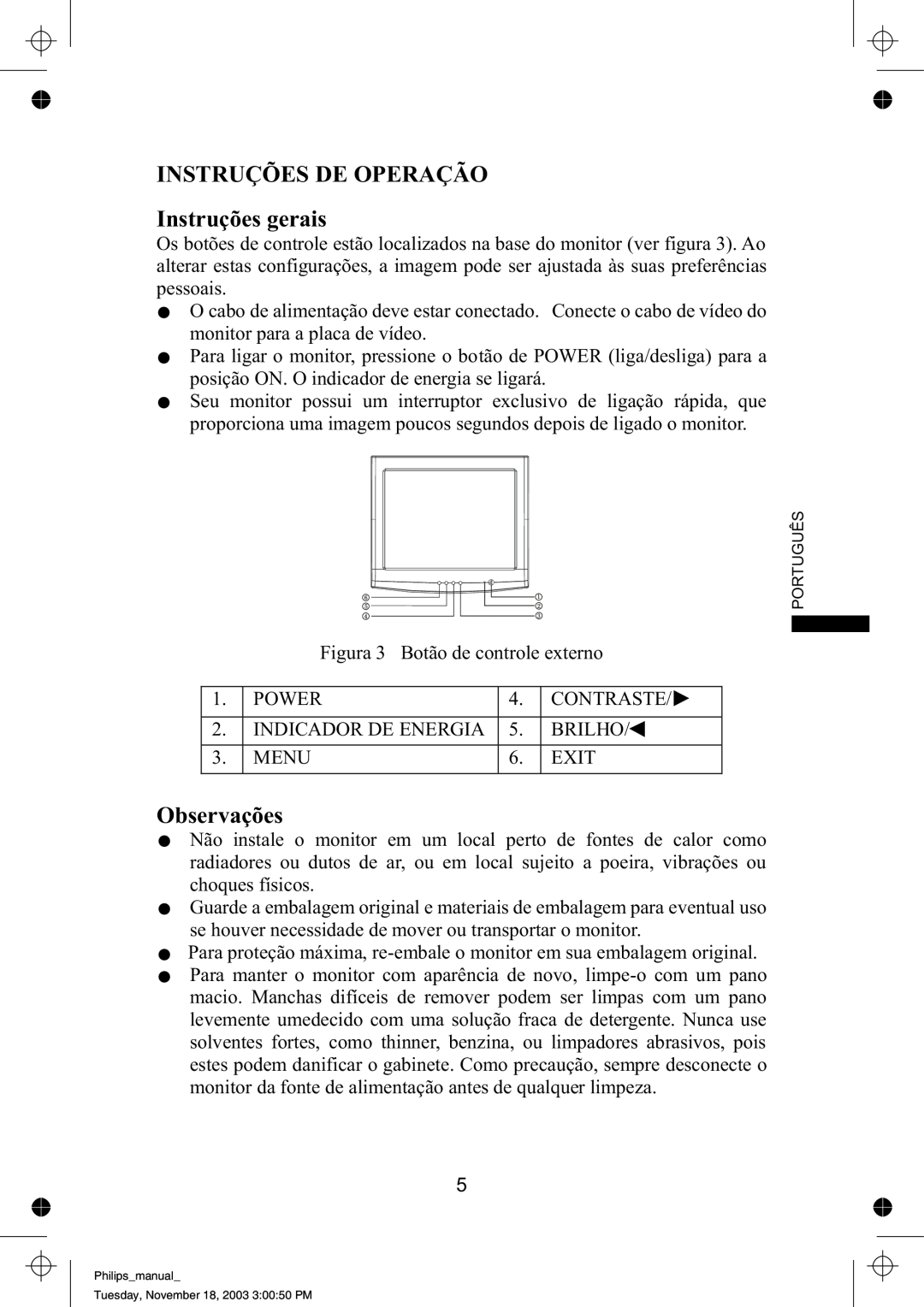 Philips 109B61 manual INSTRUÇÕES DE OPERAÇÃO Instruções gerais, Observações 