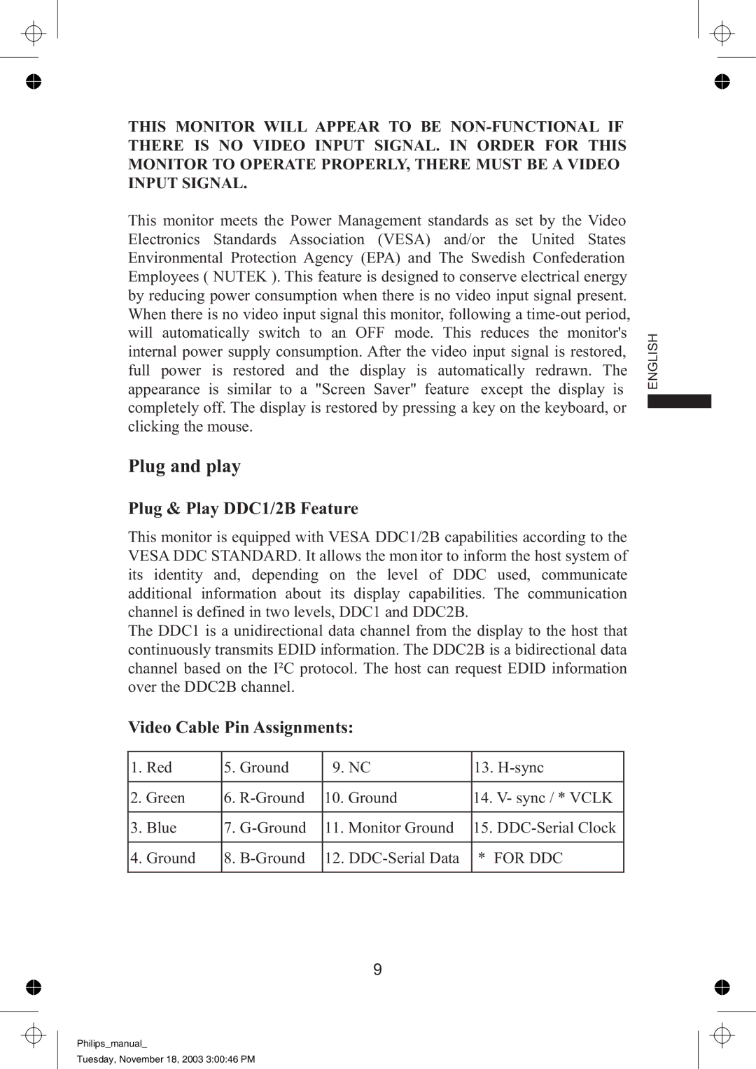 Philips 109B61 manual Plug and play, Plug & Play DDC1/2B Feature 