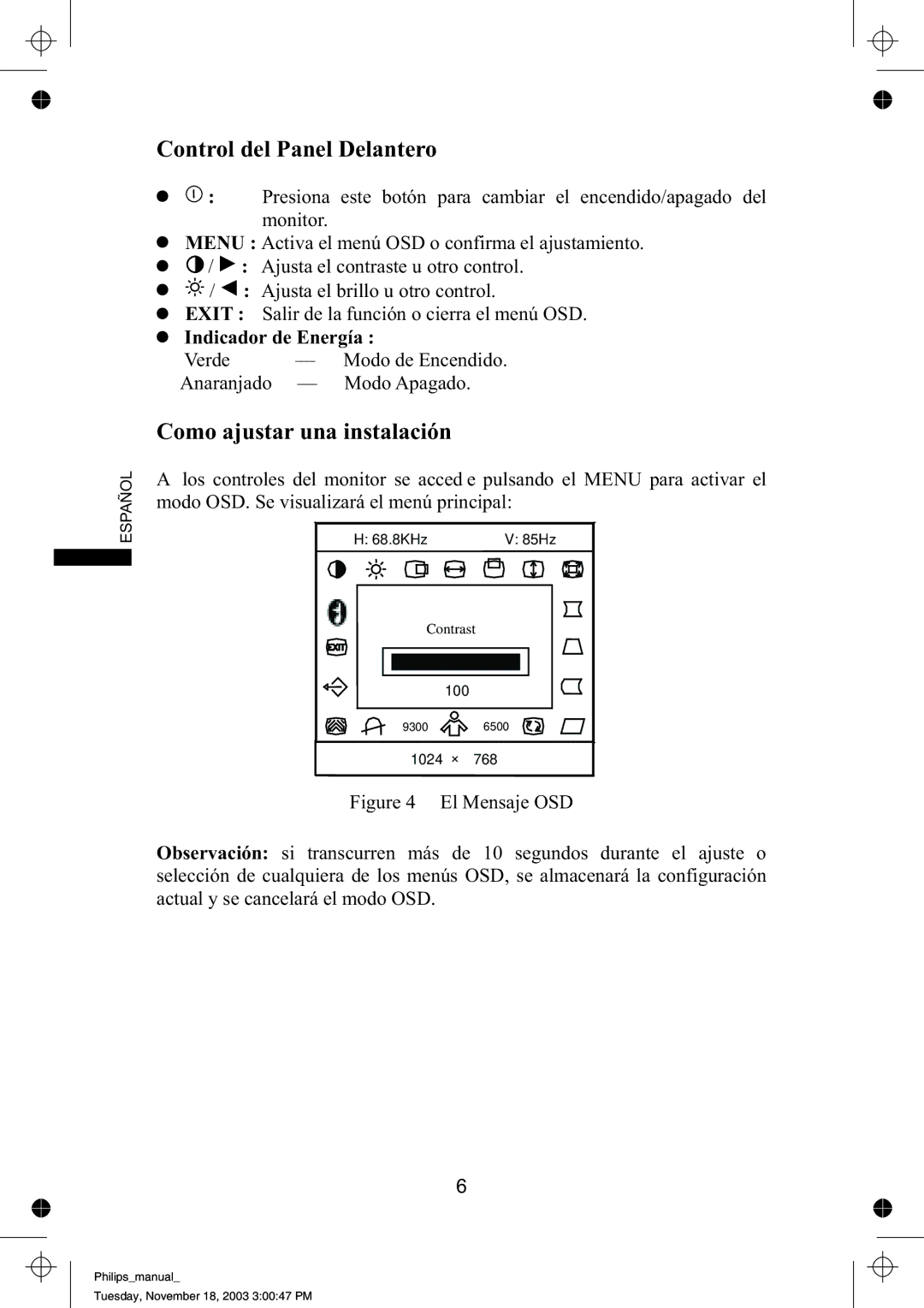 Philips 109B61 manual Control del Panel Delantero, Como ajustar una instalación 