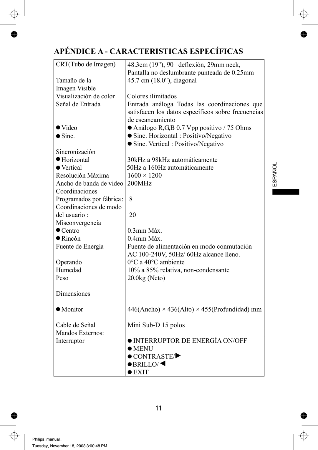 Philips 109B61 manual Apéndice a Caracteristicas Específicas, Interruptor DE Energía ON/OFF Menu Contraste Brillo Exit 