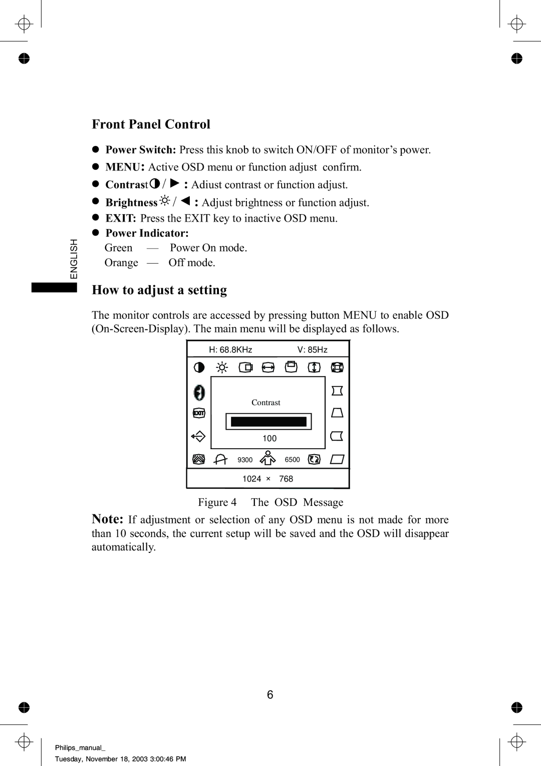 Philips 109B61 manual Front Panel Control, How to adjust a setting 