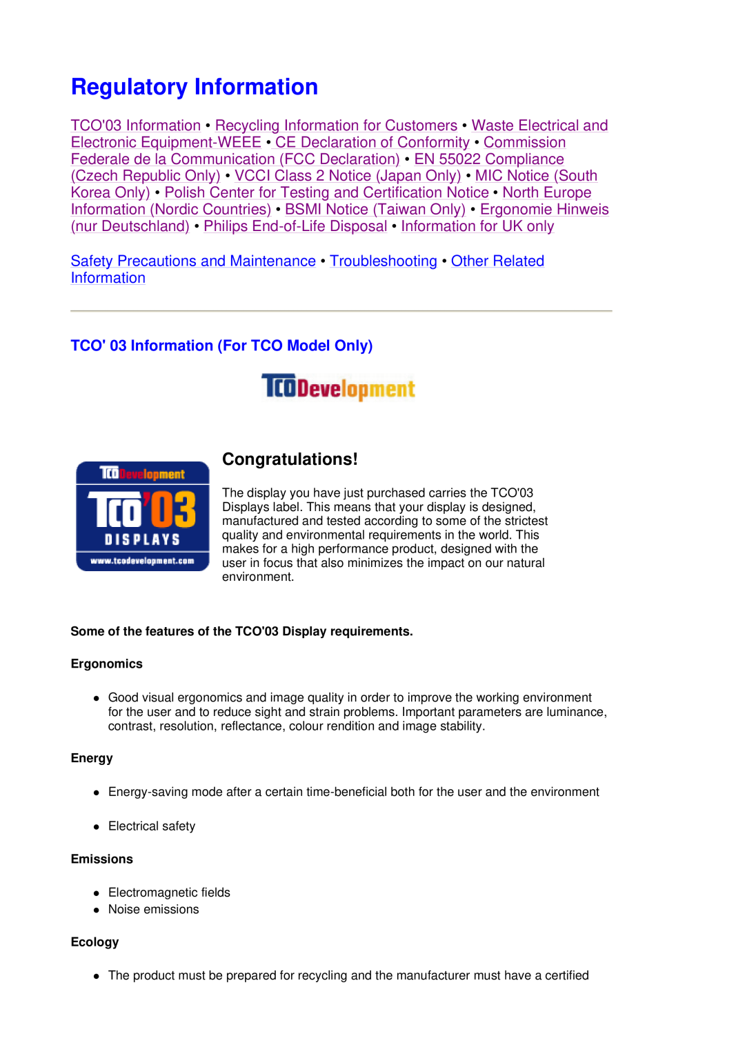 Philips 109B7, 109F7 manual Regulatory Information, Congratulations, TCO 03 Information For TCO Model Only 
