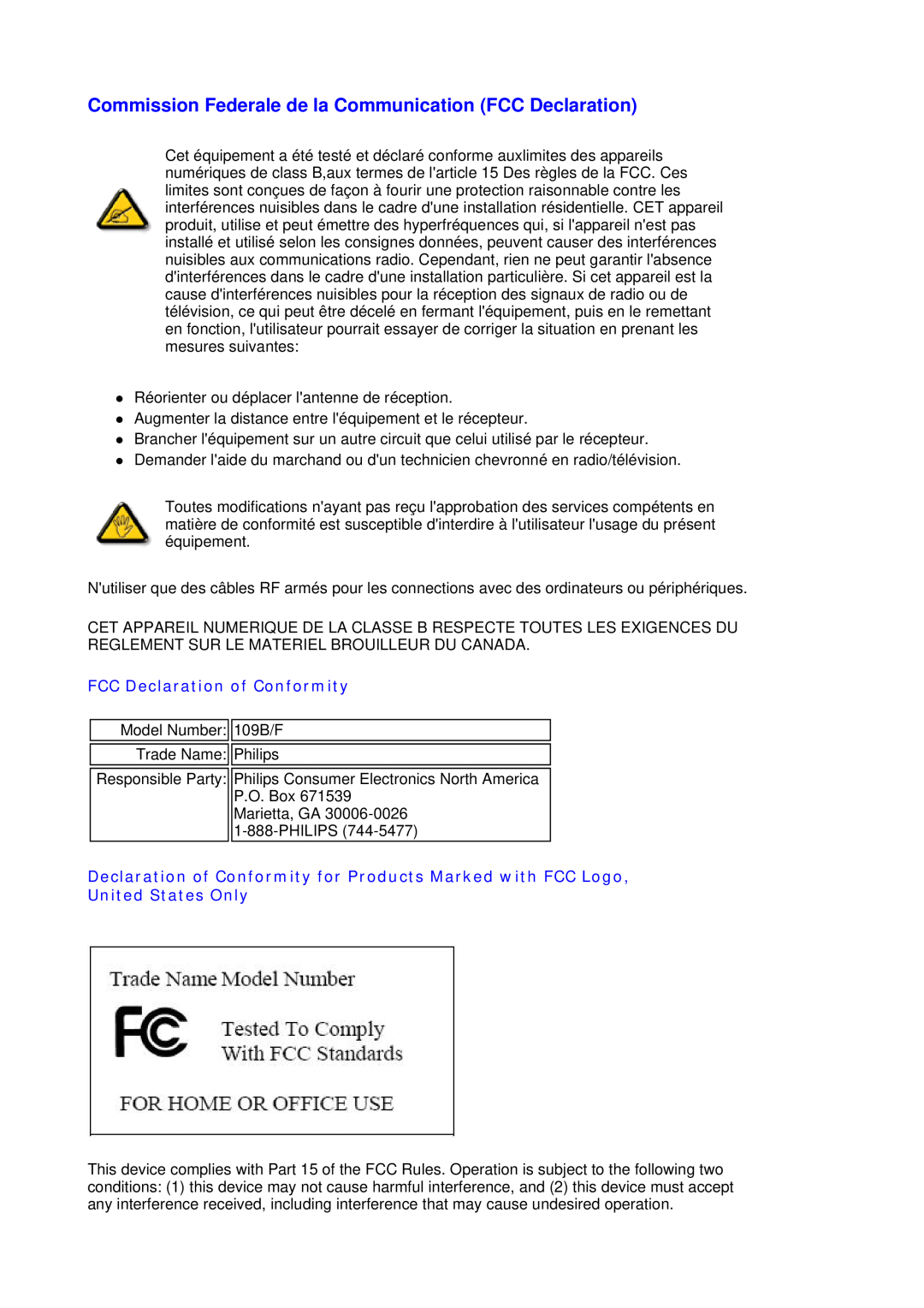Philips 109F7, 109B7 manual Commission Federale de la Communication FCC Declaration, FCC Declaration of Conformity 