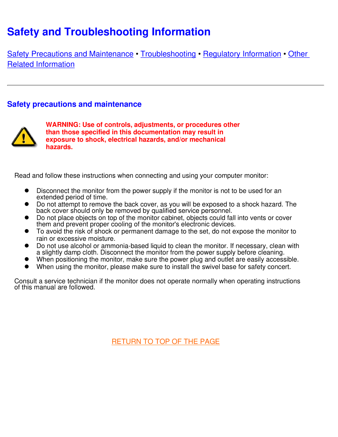 Philips 109B7, 109F7 manual Safety and Troubleshooting Information 