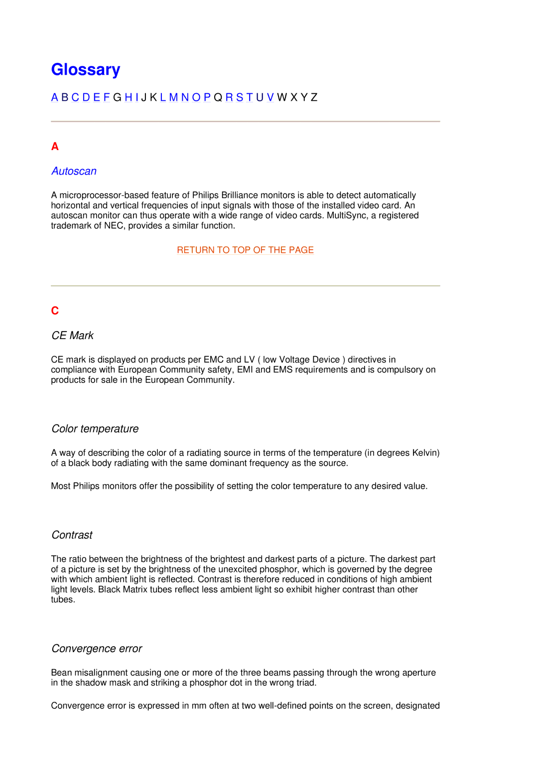 Philips 109B7, 109F7 manual Glossary, CE Mark, Color temperature, Contrast, Convergence error 