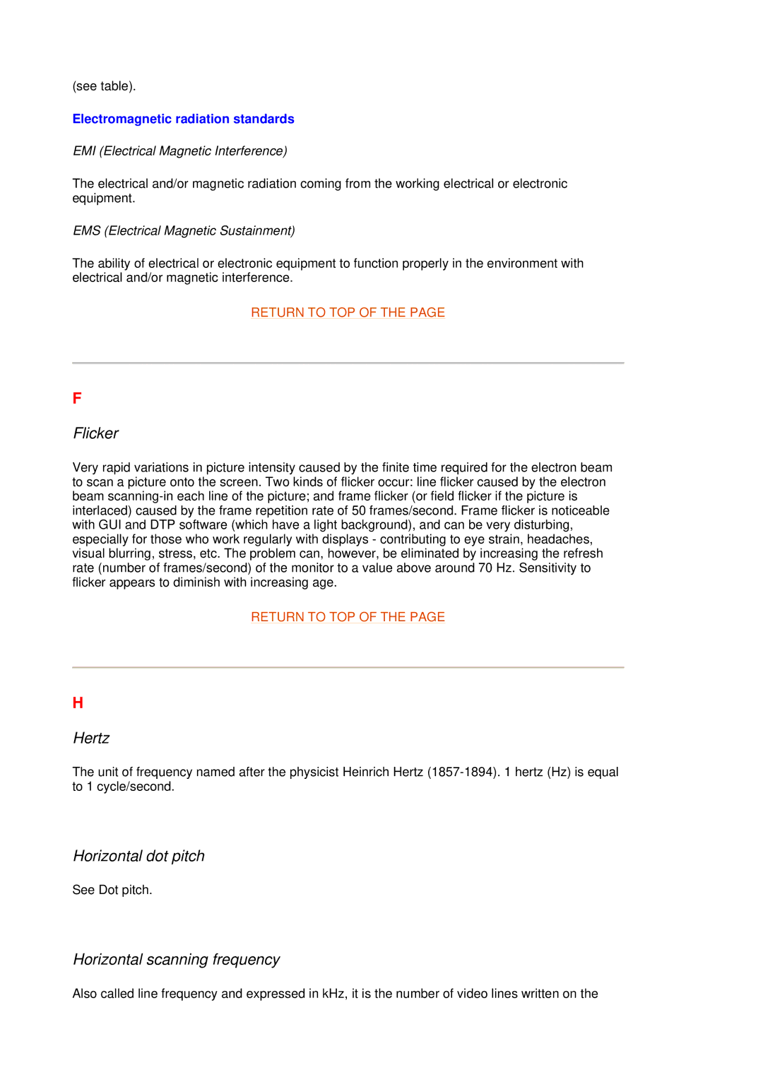 Philips 109B7, 109F7 manual Flicker, Hertz, Horizontal dot pitch, Horizontal scanning frequency 