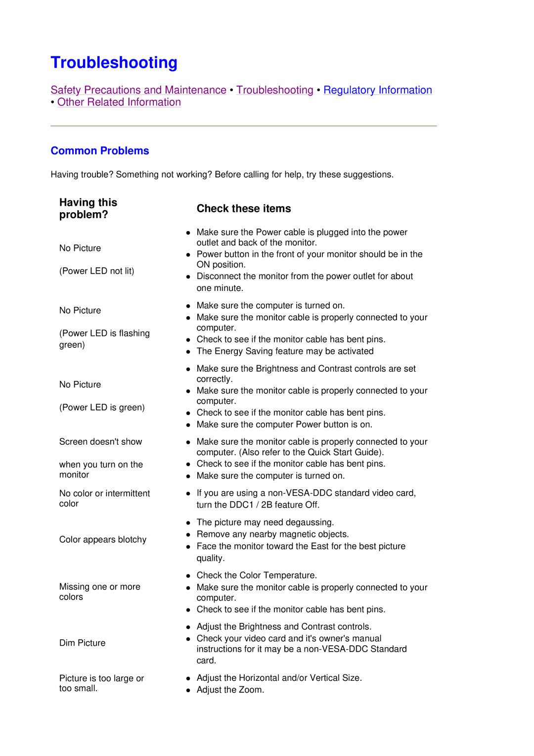 Philips 109B7, 109F7 manual Troubleshooting, Common Problems 