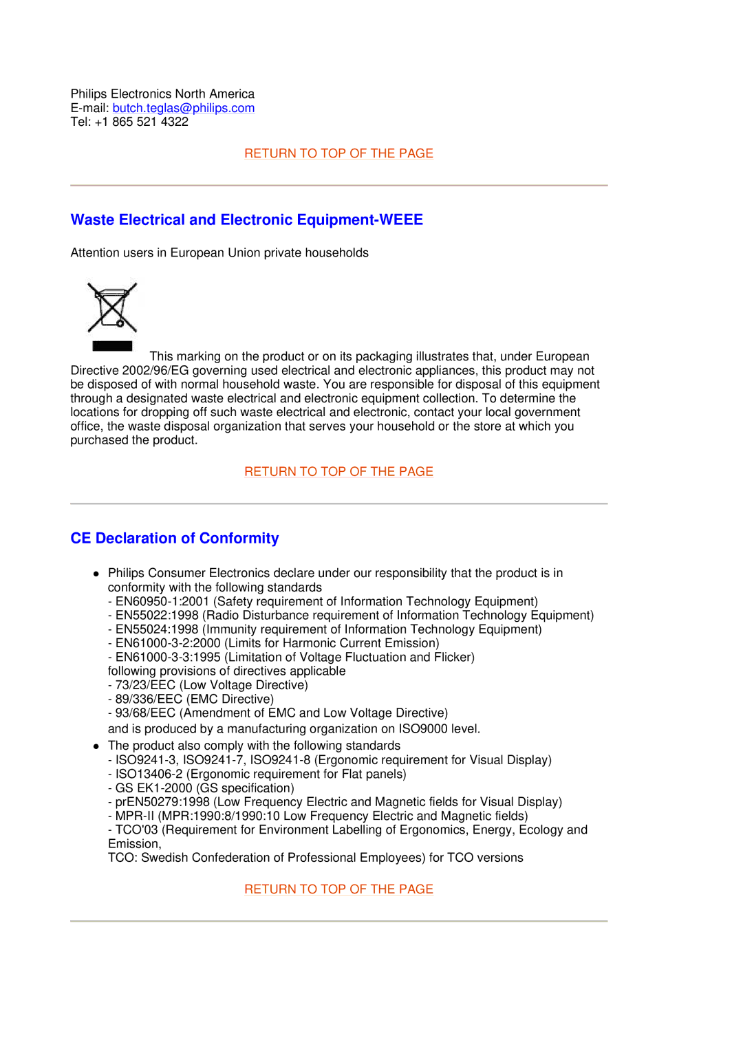 Philips 109B7, 109F7 manual Waste Electrical and Electronic Equipment-WEEE, CE Declaration of Conformity 