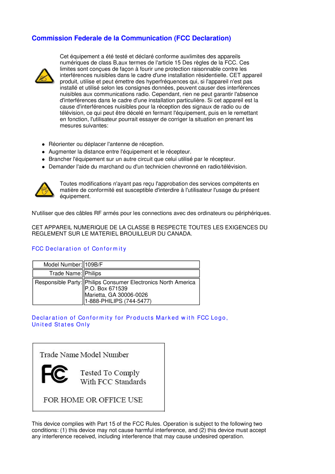 Philips 109F7, 109B7 manual Commission Federale de la Communication FCC Declaration, FCC Declaration of Conformity 