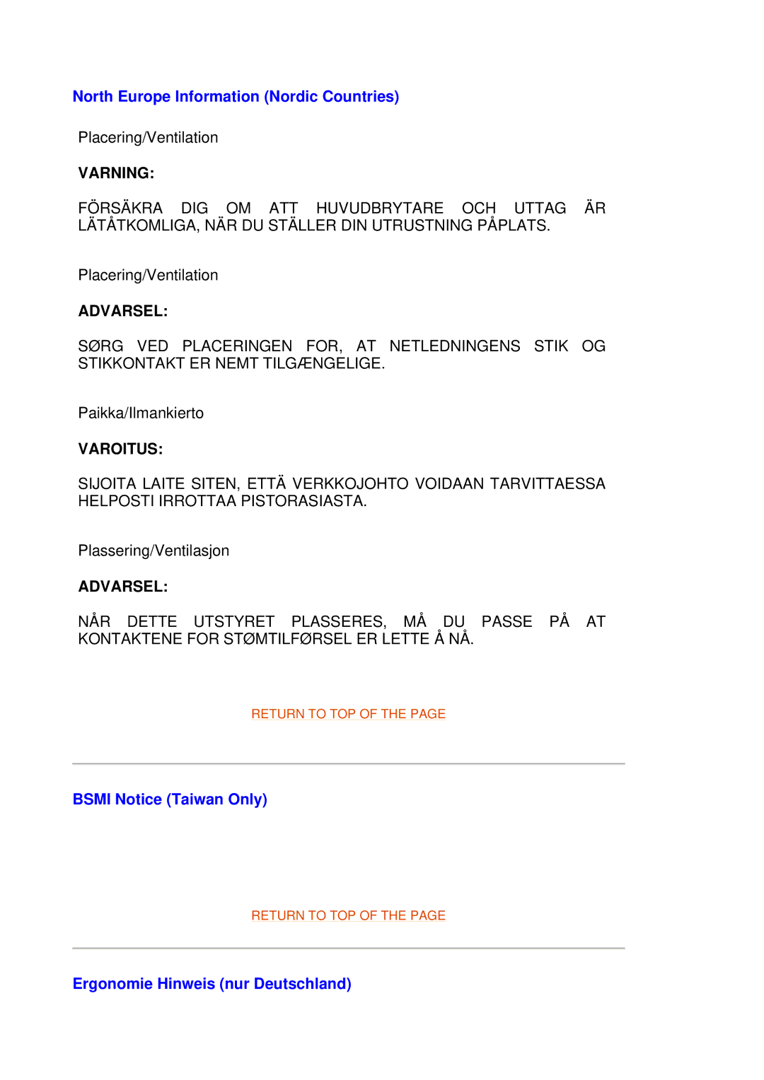 Philips 109B7, 109F7 manual North Europe Information Nordic Countries, Varning, Varoitus, Bsmi Notice Taiwan Only 