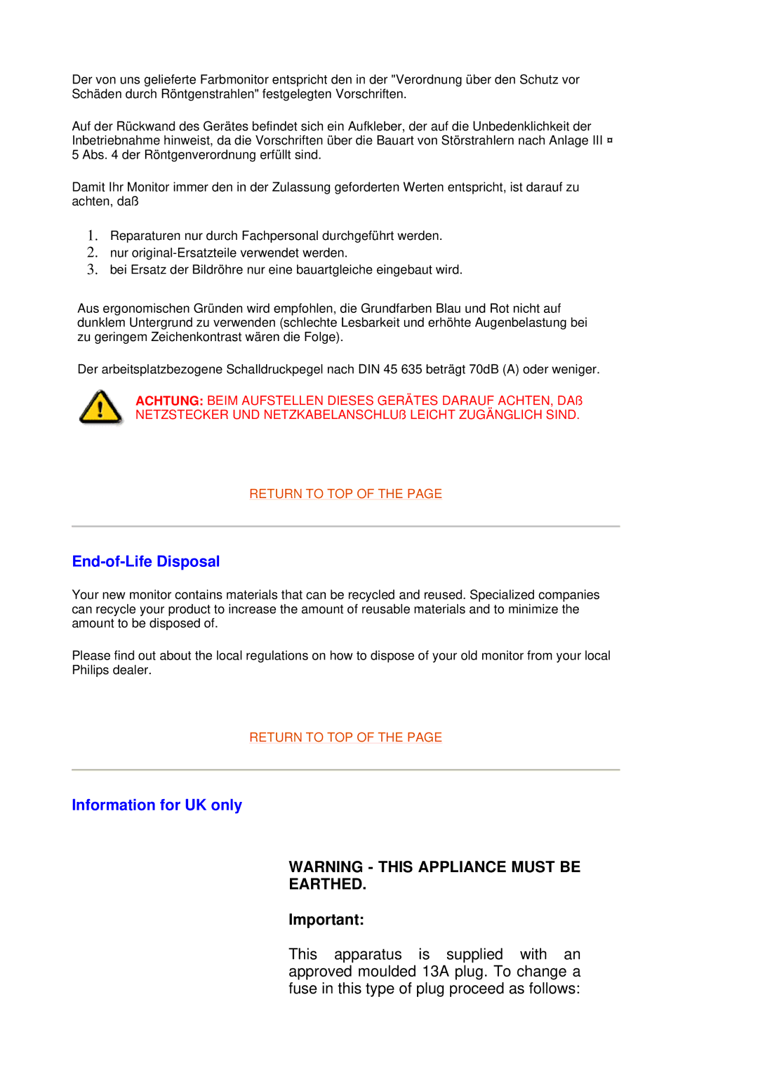 Philips 109F7, 109B7 manual End-of-Life Disposal, Information for UK only, Earthed 