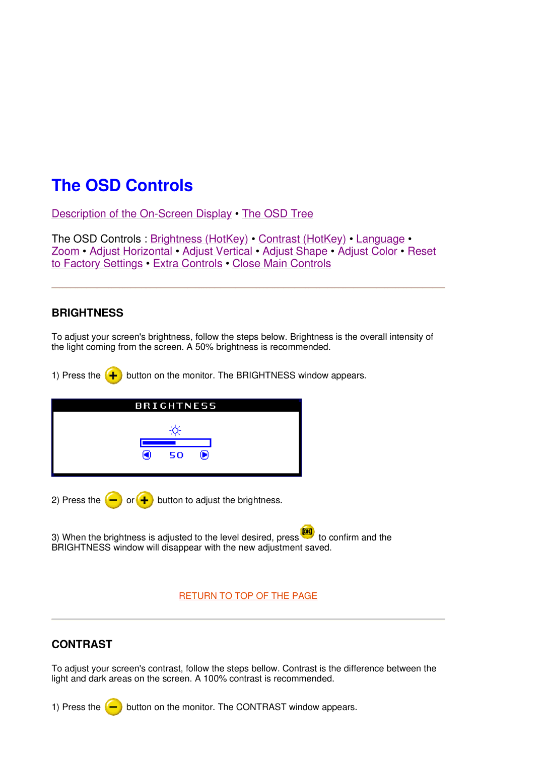 Philips 109B7, 109F7 manual OSD Controls, Brightness, Contrast 