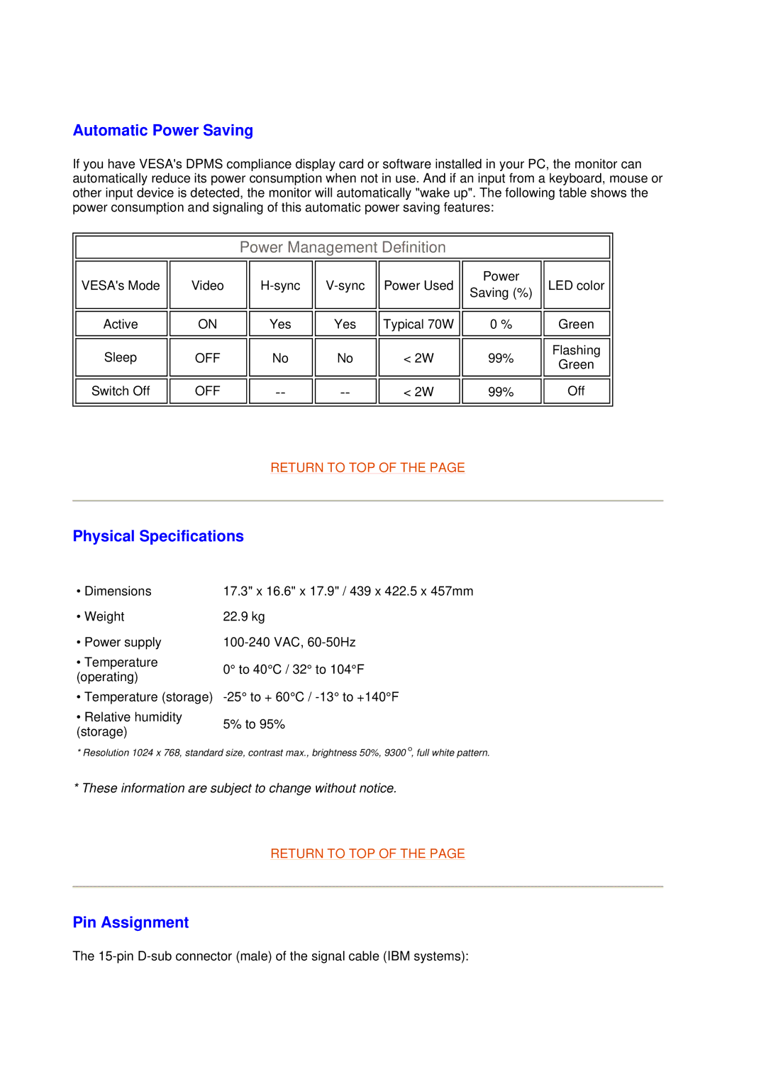 Philips 109B7, 109F7 manual Automatic Power Saving, Physical Specifications, Pin Assignment 