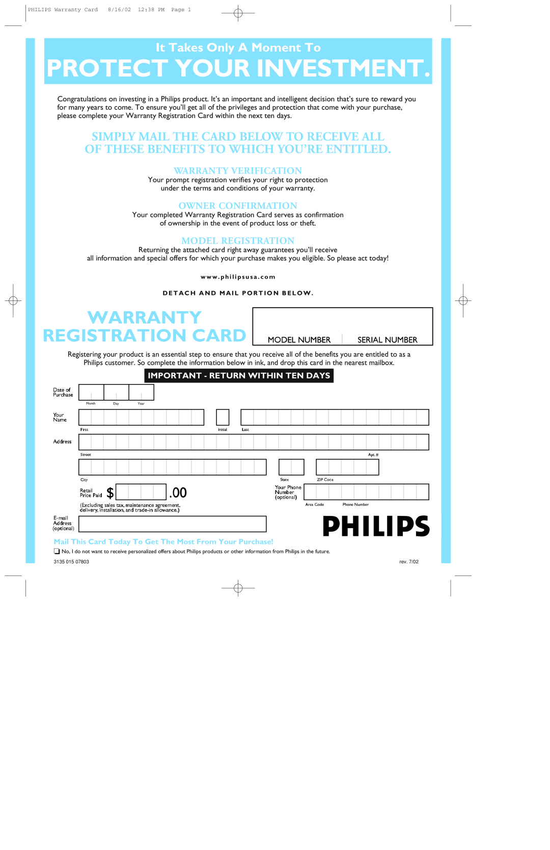 Philips 109E5 Protect Your Investment, Warranty Registration Card, It Takes Only A Moment To, Warranty Verification 
