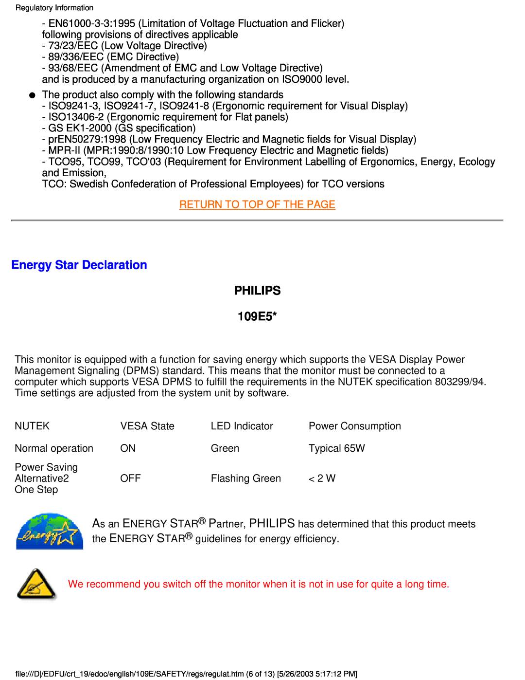 Philips user manual Energy Star Declaration, PHILIPS 109E5, Return To Top Of The Page 