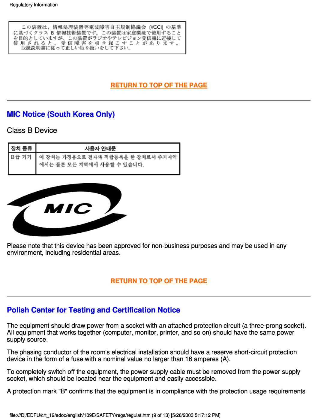 Philips 109E5 user manual MIC Notice South Korea Only, Polish Center for Testing and Certification Notice, Class B Device 
