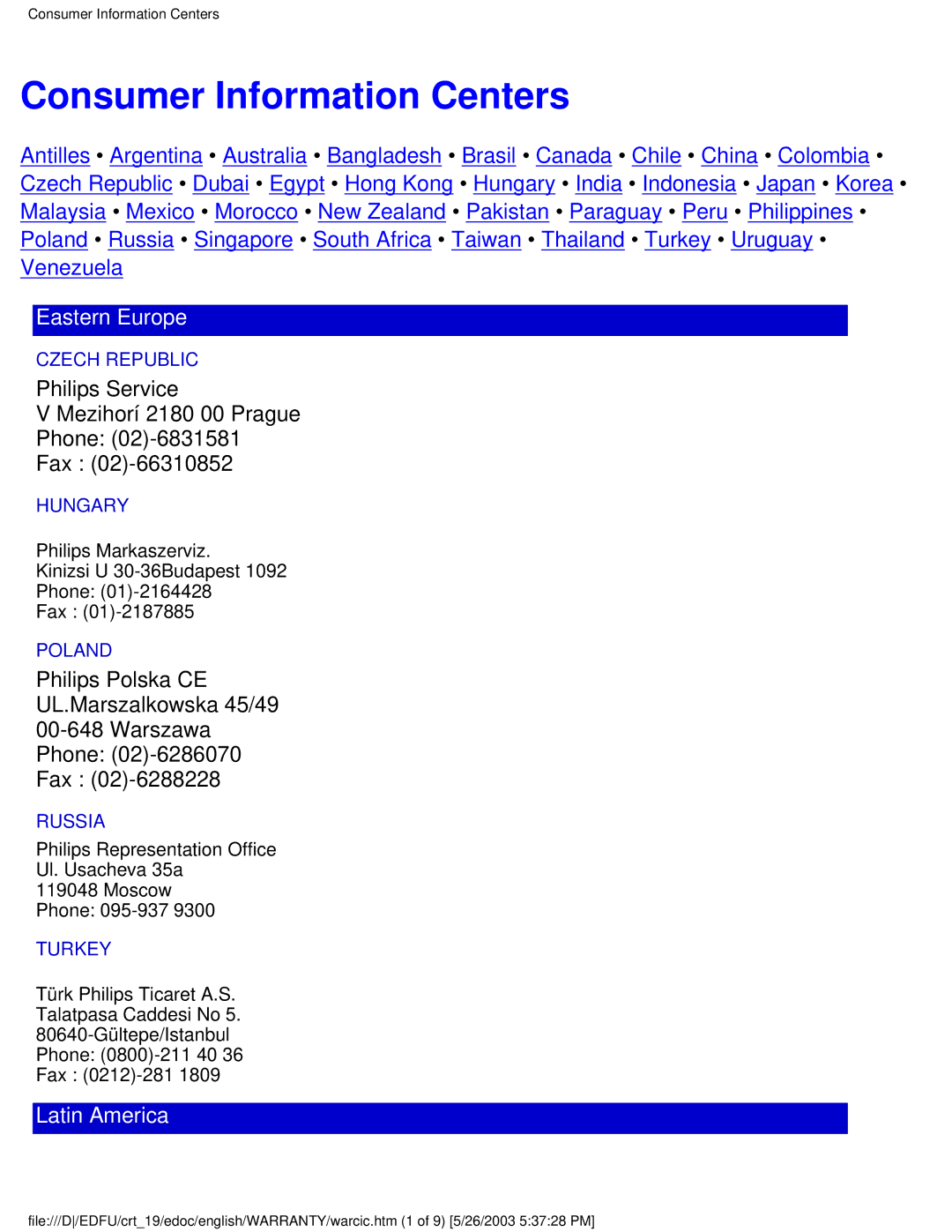 Philips 109E5 user manual Consumer Information Centers, Eastern Europe 