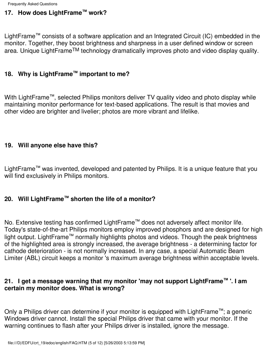 Philips 109E5 user manual How does LightFrame work?, Why is LightFrame important to me?, Will anyone else have this? 