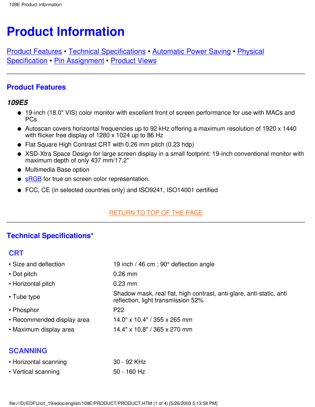 Philips 109E5 user manual Product Information, Product Features, Technical Specifications 